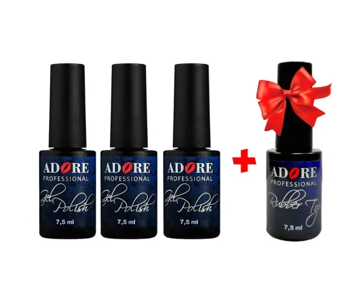 Акція! 3 гель-лаку Adore 7,5 мл + Adore Rubber Top Coat 7,5 мл в подарунок! (Aa00826)