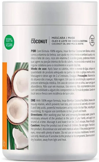 Inoar Bombar Coconut mask - Маска для росту волосся без сульфатів "Кокос & Біотин"