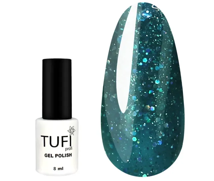 Гель-лак TUFI Profi №132 - синьо-зелений з блискітками, 8 мл (0063930)