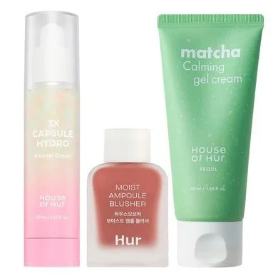 2+1 House of Hur 3X Capsule Hydro Booster Cream & Matcha Calming Gel Cream + Moist Ampoule Blusher Peach Coral