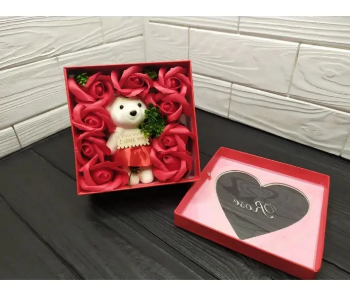 Роза из мыла с мишкой LOVE