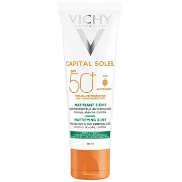 Сонцезахисний матуючий крем 3 в 1 для жирної, проблемної шкіри, SPF 50+Vichy Capital Soleil Mattifying 3-in-1 SPF 50+