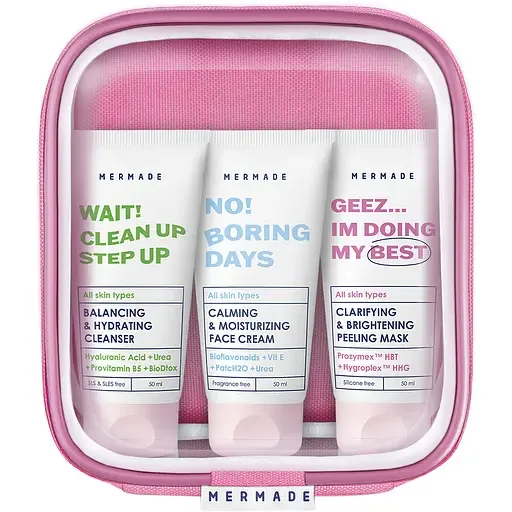 Подарунковий набір Mermade Try Kit Face Care: гель для вмивання обличчя Wait Clean Up Step Up 50 мл + ензимна маска для очищення шкіри обличчя Geez..Im Doing My Best 50 мл + зволожуючий крем для обличчя No Boring Days 50 мл + косметичка