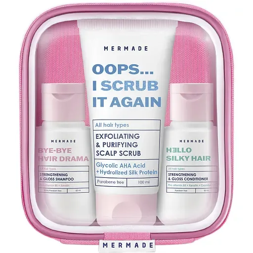 Подарунковий набір Mermade Try Kit Hair Care: шампунь для зміцнення та сяйва волосся Bye-bye Hair Drama 85 мл + кондиціонер для зміцнення та сяйва волосся Hello Silky Hair 85 мл + скраб-пілінг для шкіри голови Oops... I Scrub It Again 100 мл + косметичка