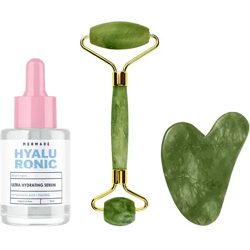 Набір для масажу обличчя Mermade 4D Hyaluronic Acid & PatcH2O 30 мл + Нефритовий ролик + Скребок гуаша