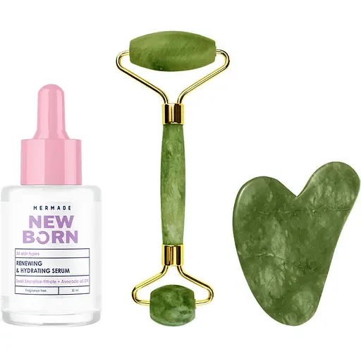 Набір для масажу обличчя Mermade Snail Secretion Filtrate & Hymagic-4D 30 мл + Нефритовий ролик + Скребок гуаша