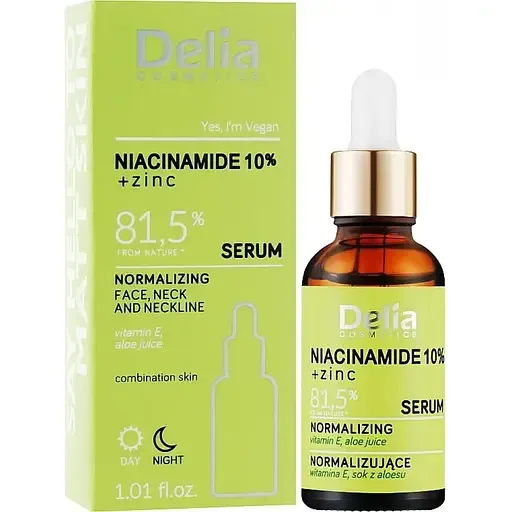 Сироватка зволожуюча для обличчя, шиї та зони декольте Delia Cosmetics Serum з ніацинамідом та цинком 30 мл
