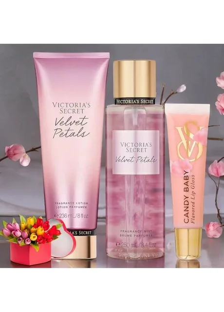 Подарунковий набір Velvet Petals Fragrance Mist + Lotion + Блиск для Губ Flavored Lip Gloss Candy Baby Victoria's Secret (328267505)