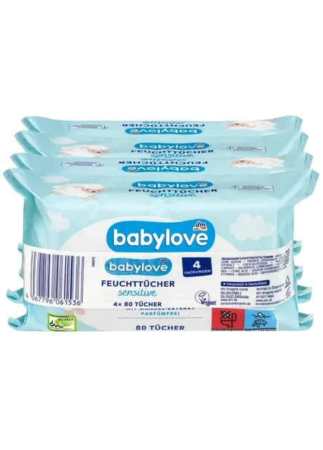 Вологі серветки Sensitive з екстрактом мигдалю, 4×80 шт BabyLove (403445494)