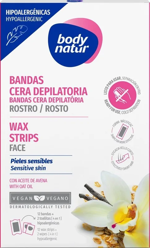Body Natur воскові смужки для депіляції обличчя гіпоалергенні, 12 смужок+2 серветки