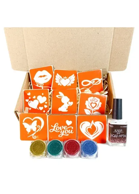 Набір для біо-тату "Love Story #2 - гліттер" set-love-story-2-glitter 9 трафаретів Fresh Tattoo (402679823)