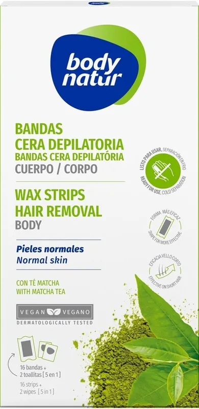 Body Natur воскові смужки для депіляції тіла з чаєм матча для нормальної та сухої шкіри 16 смужок+2 серветки