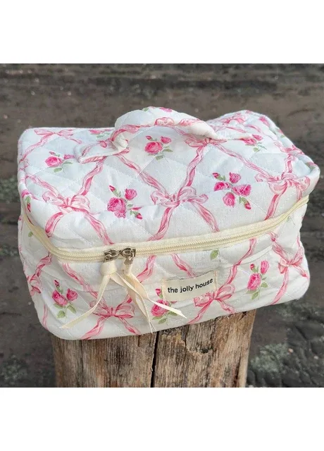 Косметичка велика містка біла з рожевими бантиками YRE (377857601)