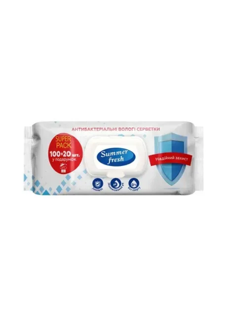 Вологі серветки 120шт Антибактеріальні 10020шт ТМ Summer Fresh (315890832)