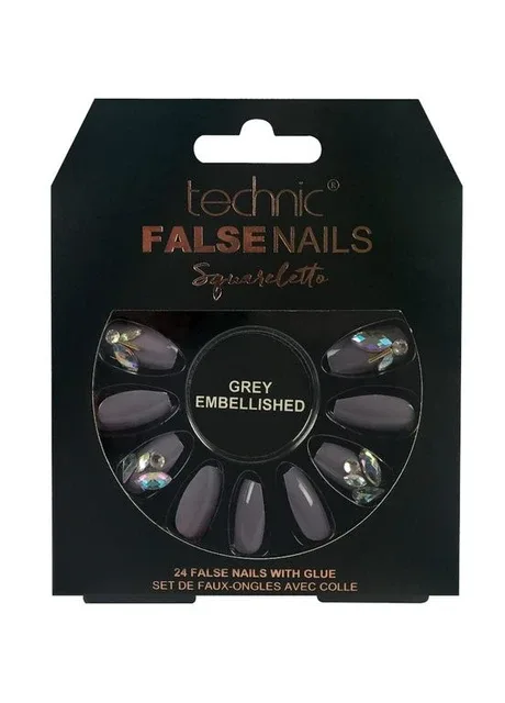 Накладні нігті із клеєм Cosmetics False Nails Squareletto "Grey Embellished" 24 шт. Сірий Technic (292128881)