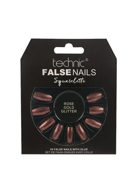 Накладні нігті із клеєм Cosmetics False Nails Stiletto "Rose Gold Glitter" Золото-рожевий 24 шт. Technic (292128882)