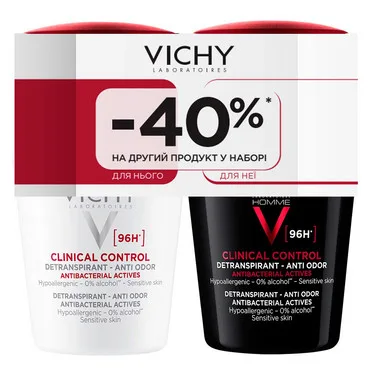 Набір дезодорантів для чоловіків та жінок, 96 годин захисту Vichy Clinical Control Deperspirant 96h Set (deo/woman/50ml + deo/men/50ml)