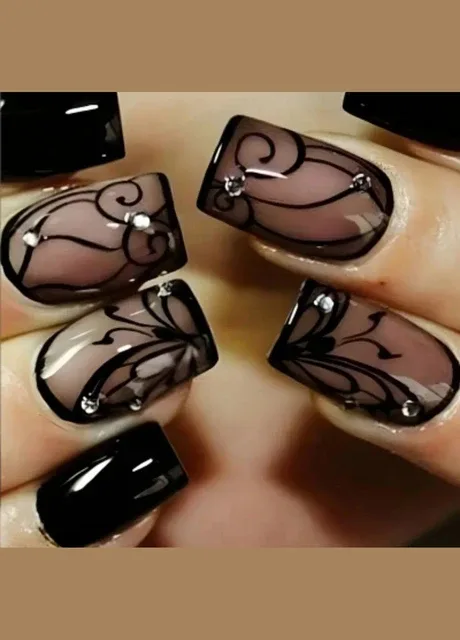 Набір накладних нігтів в комплекті з двостороннім скотчем - Black Butterfly Nails (304996716)