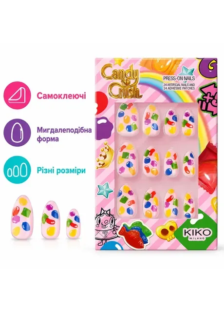 Накладні самоклеючі нігті Candy Crush Press On Nails 24 шт мигдалеподібна форма різнокольорові Kiko Milano (406142545)