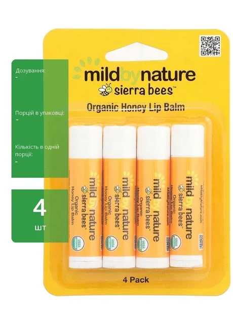 Органічні бальзами для губ, мед, набір із 4 шт. по 4,25 г - Sierra Bees, зволоження і захист Mild By Nature - (374919740)