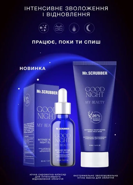 Набір для інтенсивного відновлення обличчя Good Night My Beauty (нічна сироватка-еліксир, 30 мл + зволожувальна маска, 50 мл) Mr. Scrubber (298748614)